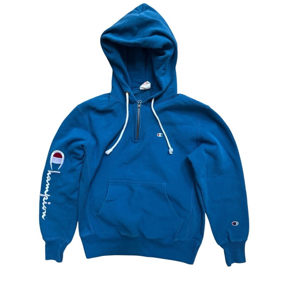 Vintage Champion Reverse Weave Quarter Zip Hoodie Blue Large Embroidered Logo